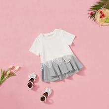 Shein Girls Striped With Lace Detail Hem Tee