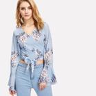 Shein Trumpet Sleeve Floral Wrap Top