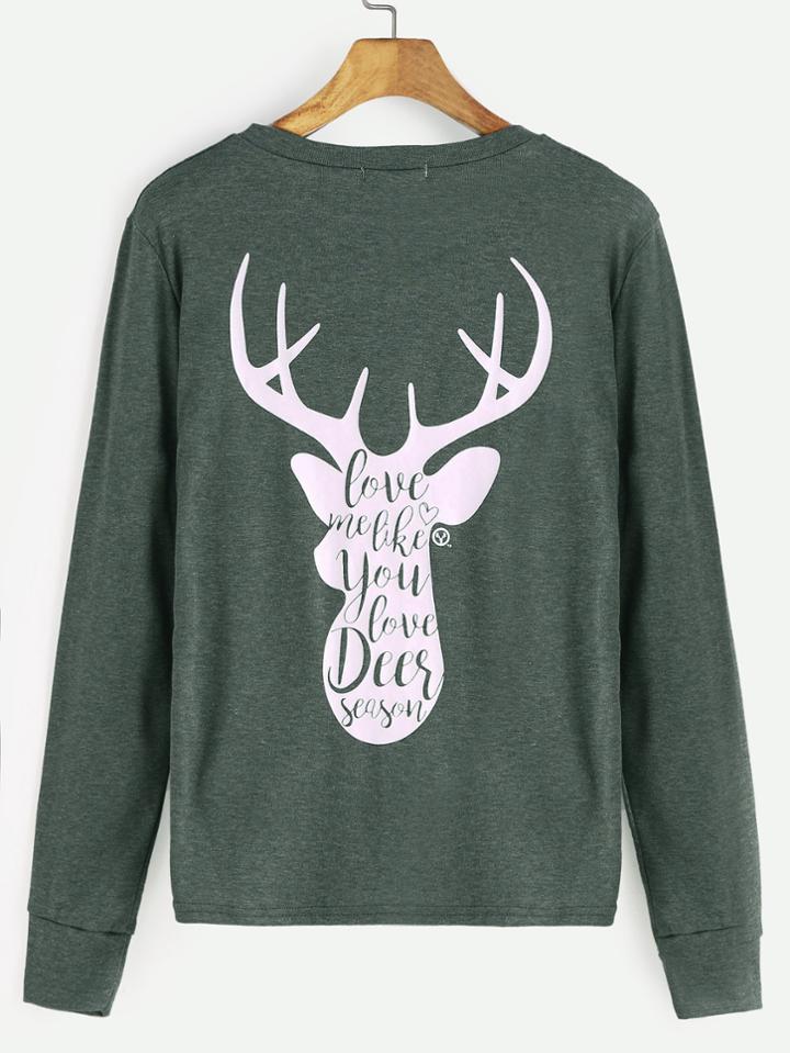 Shein Green Deer Print Back Sweatshirt