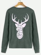 Shein Green Deer Print Back Sweatshirt