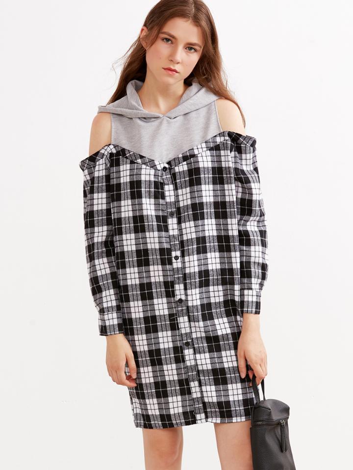 Shein Black Plaid Contrast Open Shoulder Combo Dress