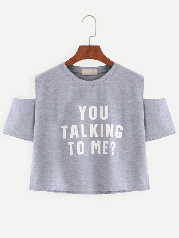Shein Grey Open Shoulder Varsity Print Crop T-shirt