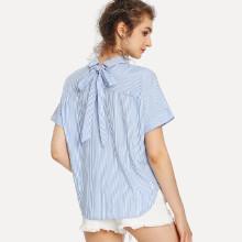 Shein Curved Hem Tie Back Striped Blouse