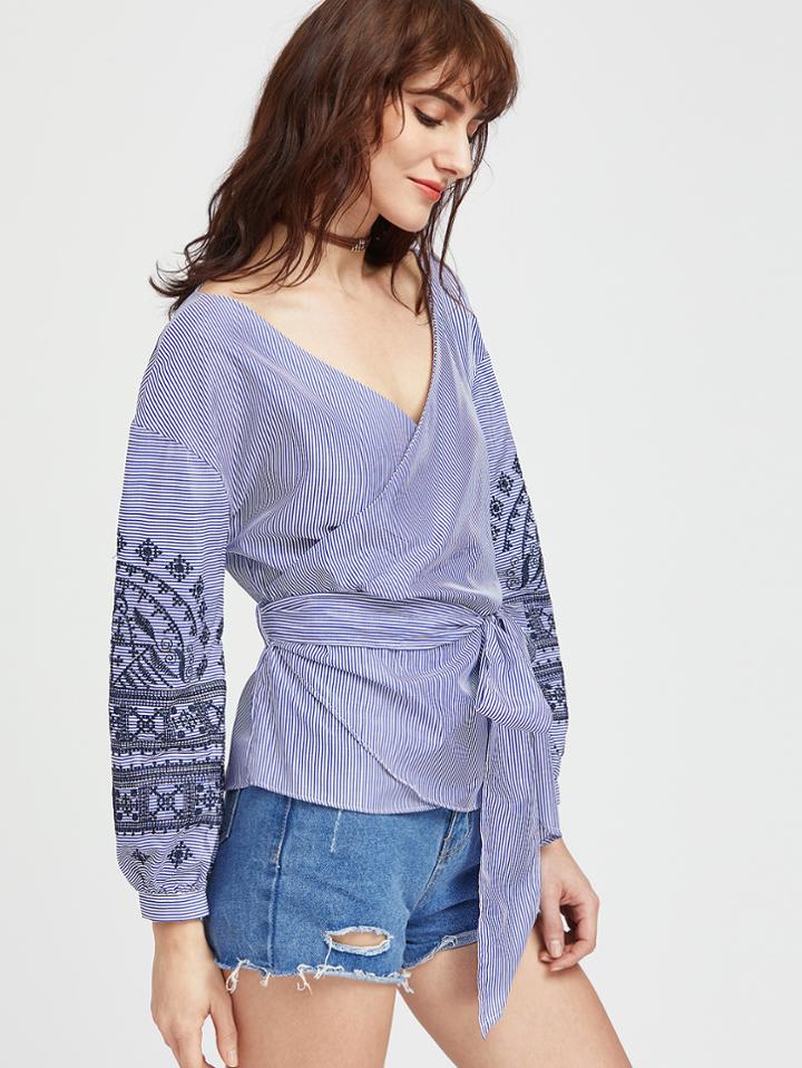 Shein Blue Embroidery Striped Wrap Blouse With Self Tie