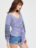 Shein Blue Embroidery Striped Wrap Blouse With Self Tie