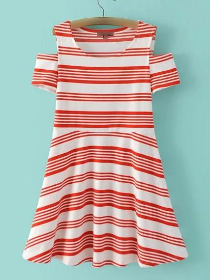 Shein Red Cold Shoulder Stripe A-line Dress