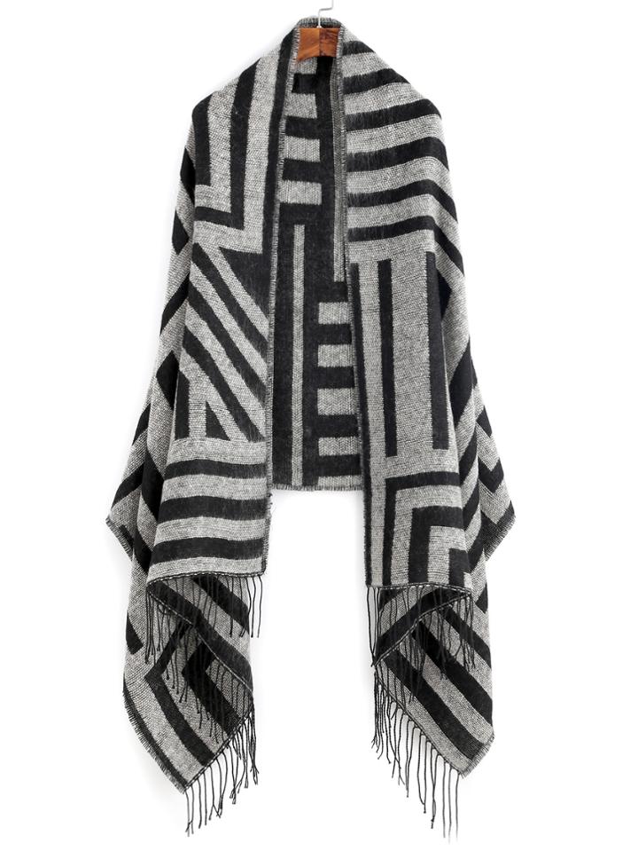 Shein Black And Grey Stripe Fringe Edge Shawl Scarf