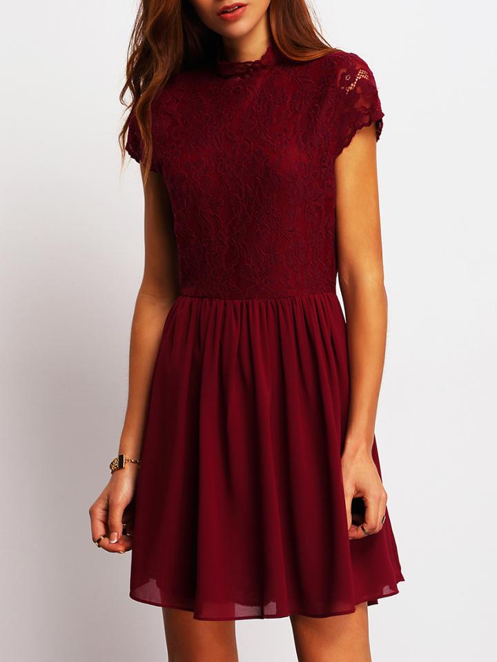 Shein Burgundy Ruffle Collar Pleated Dress