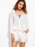 Shein White Hooded Zip Up Top With Elastic Waist Shorts