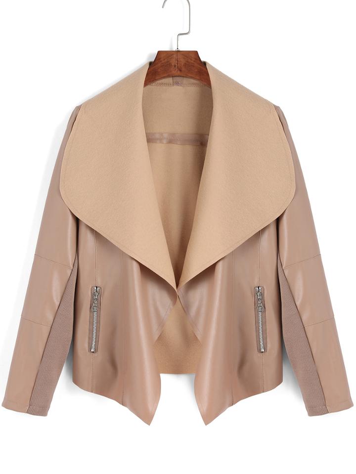 Shein Khaki Lapel Zipper High Low Pu Jacket