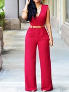 Shein Red Deep V Neck Sleeveless Loose Jumpsuit