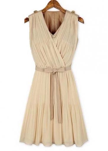 Rosewe Apricot V Neck Sleeveless Pleated Dress For Work