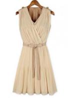 Rosewe Apricot V Neck Sleeveless Pleated Dress For Work