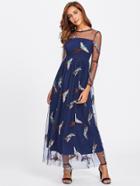 Shein Illusion Neck Embroidered Mesh Overlay Dress