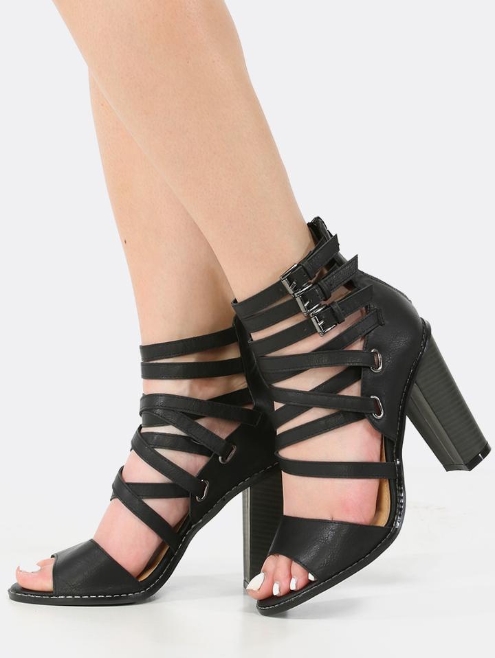 Shein Open Toe Strappy Stacked Heels Black