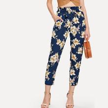 Shein Drawstring Belt Waist Floral Tapered Pants