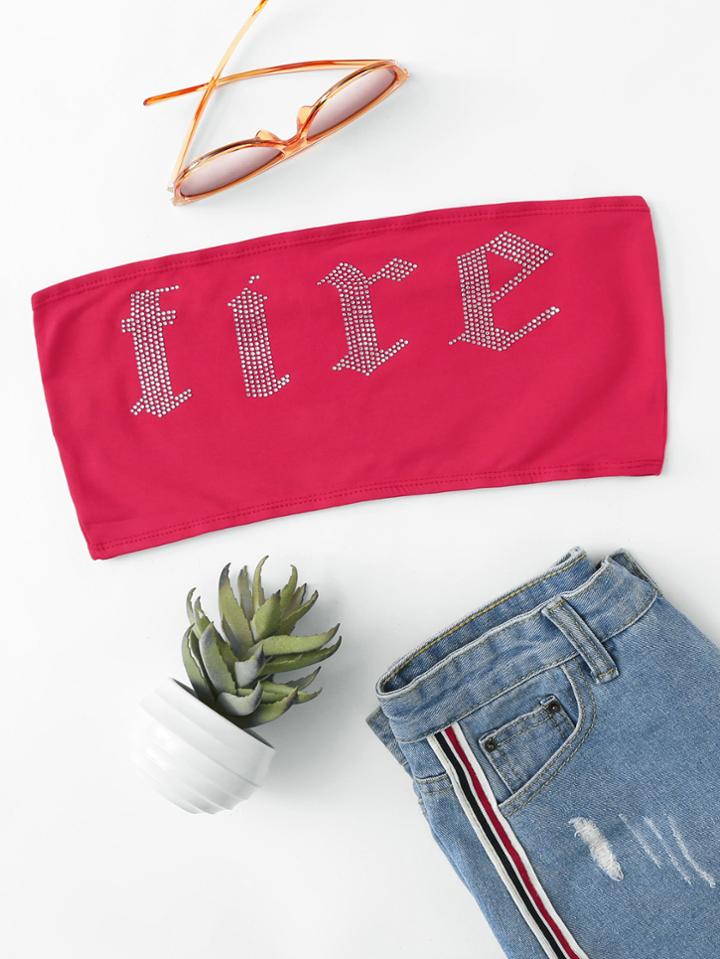Shein Letter Rhinestone Embellished Bandeau Top