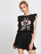 Shein Flower Print Eyelet Embroidered Trim Split Back Blouson Playsuit