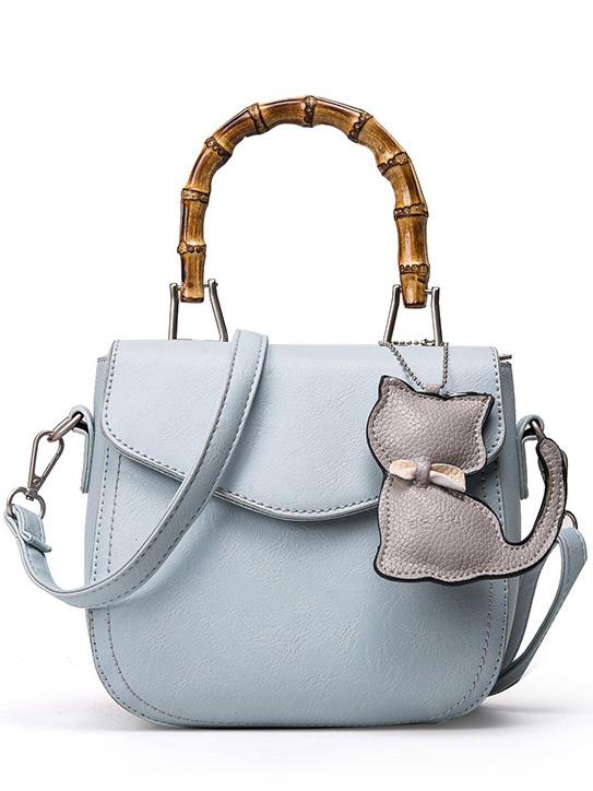 Shein Bamboo Handle Bag With Cat Bag Charm - Baby Blue