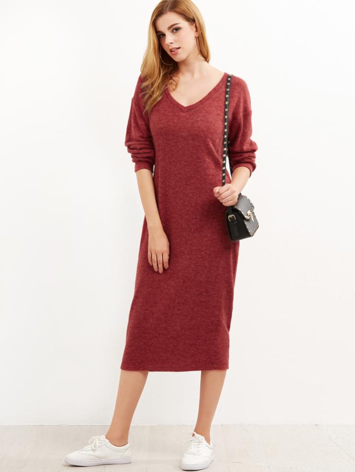 Shein Burgundy Marled Drop Shoulder Cocoon Sweater Dress