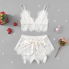 Shein Christmas Ribbon Tie Eyelash Lace Lingerie Set