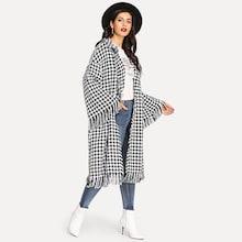 Shein Bell Sleeve Fringe Detail Houndstooth Coat