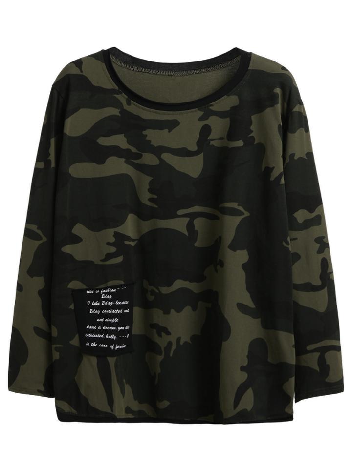 Shein Contrast Letter Print Pocket Camo T-shirt