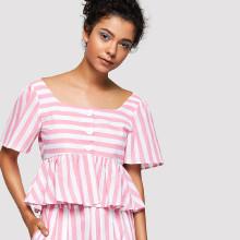 Shein Square Neck Ruffle Hem Striped Blouse