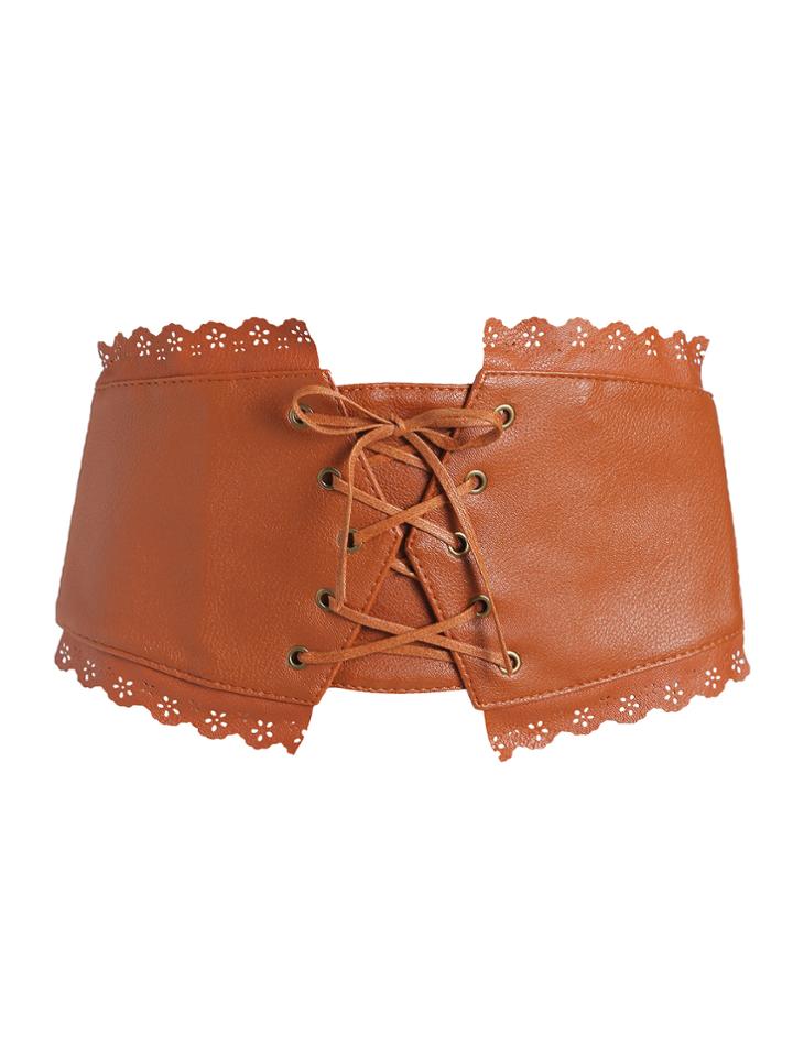 Shein Camel Scalloped Trim Lace Up Pu Corset Belt