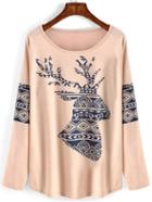 Shein Pink Round Neck Deer Print Loose T-shirt