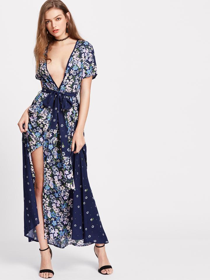 Shein Floral Print Plunging V-neckline Belted Dress