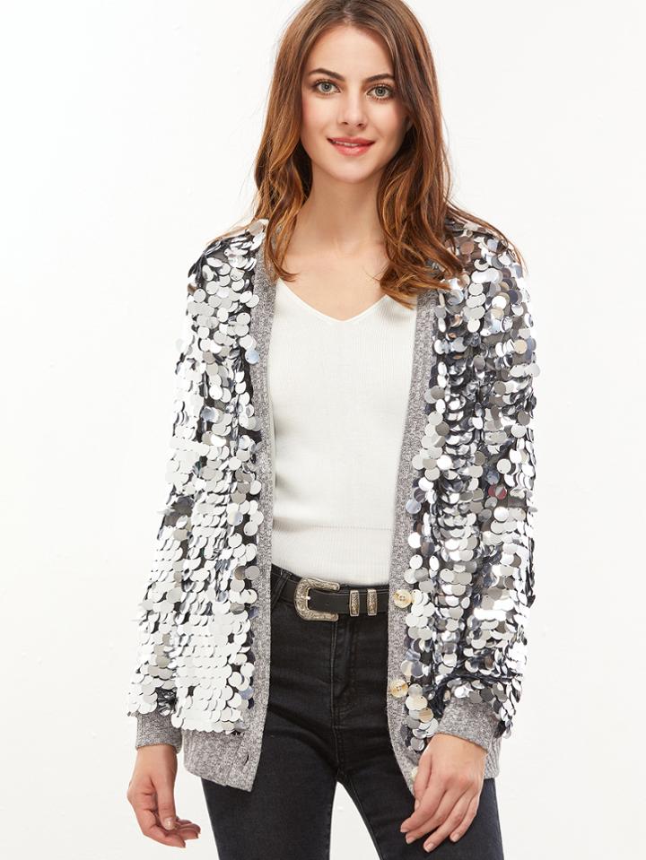 Shein Silver Large Sequin Button Up Jacket