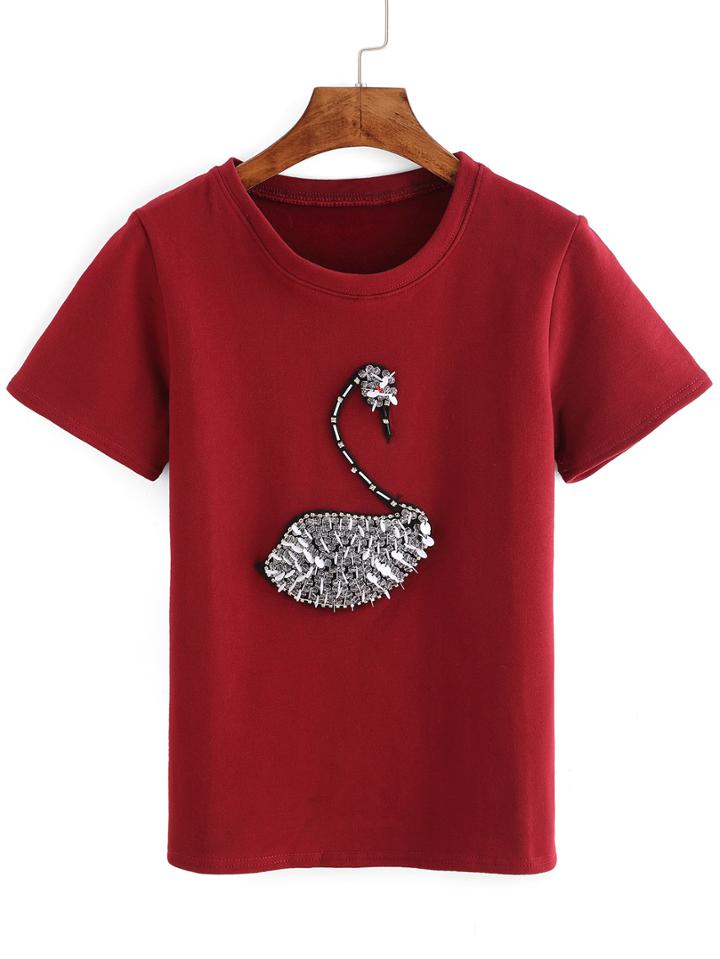Shein Burgundy Swan Patch Beaded T-shirt
