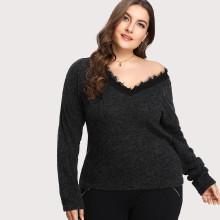 Shein Plus Contrast Eyelash Lace Marled Knit Sweater