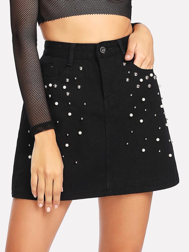 Shein Faux Pearl Denim Skirt