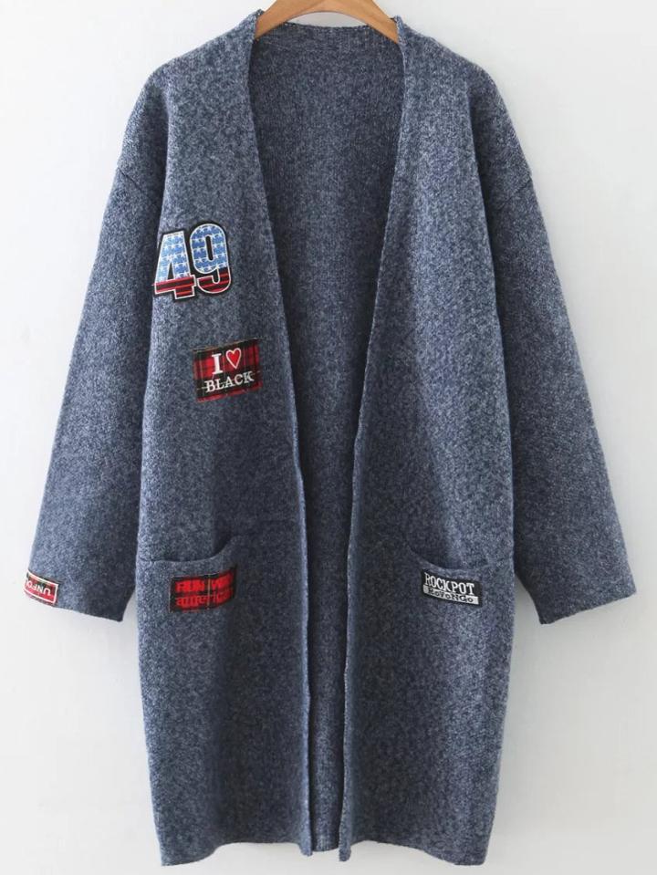 Shein Blue Patch Collarless Cardigan With Pockets
