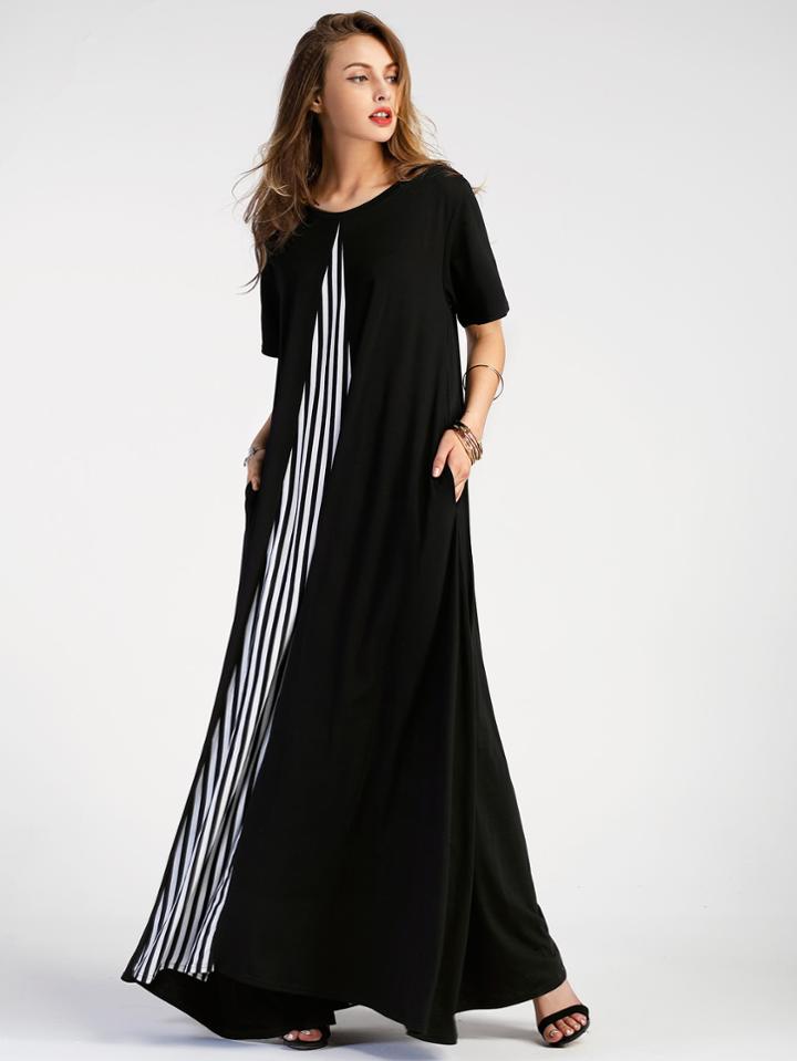 Shein Contrast Striped Panel Full Length Dress