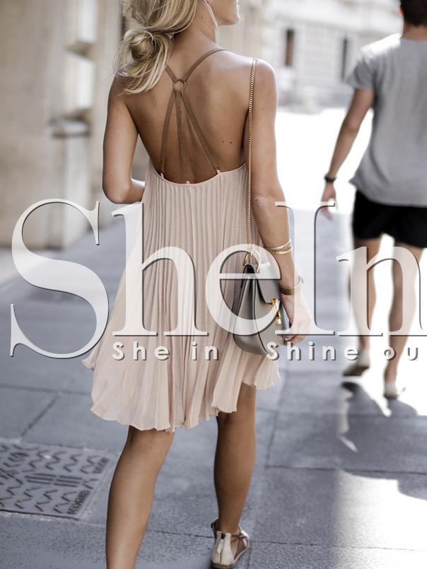 Shein Pink Vertical Pleated Lock Hole Back Shift Dress