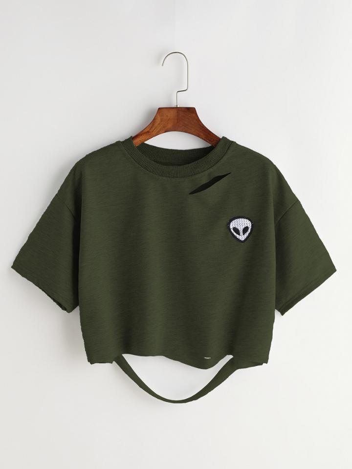 Shein Alien Patch Ripped Crop T-shirt