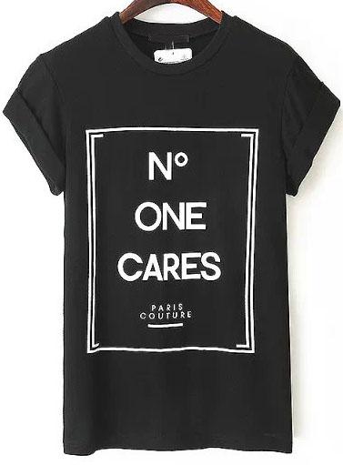 Shein Black Round Neck Monogram Print Casual T-shirt