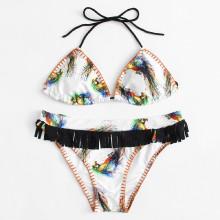 Shein Bird Print Fringe Bikini Set