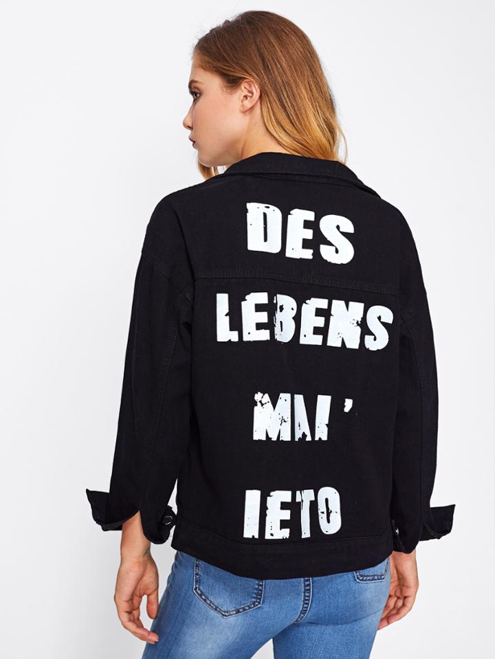 Shein Slogan Print Back Drop Shoulder Denim Jacket