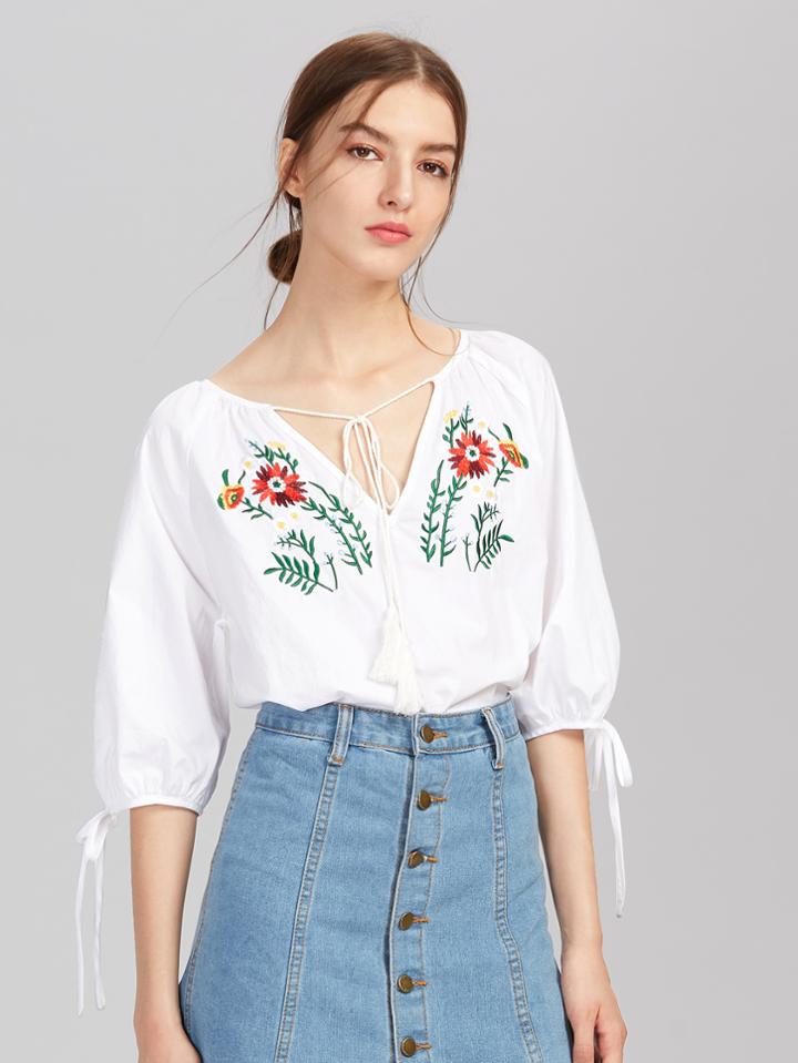 Shein Tasseled Tie V Notch Front Lantern Sleeve Embroidered Top