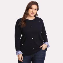 Shein Plus Contrast Stripe Pearl Beading Pullover