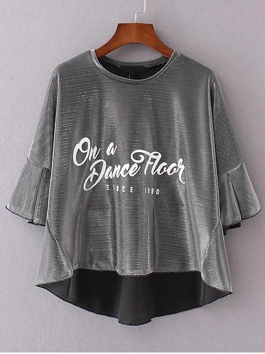 Shein Bell Sleeve Letters Print Dip Hem T-shirt