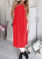 Rosewe Spaghetti Strap Red Double Slit Shift Dress