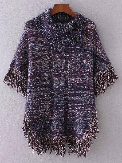 Shein Blue Fringe Marled Knit Poncho Sweater