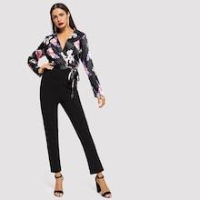 Shein Notched Collar Flower Print Jumpsuit