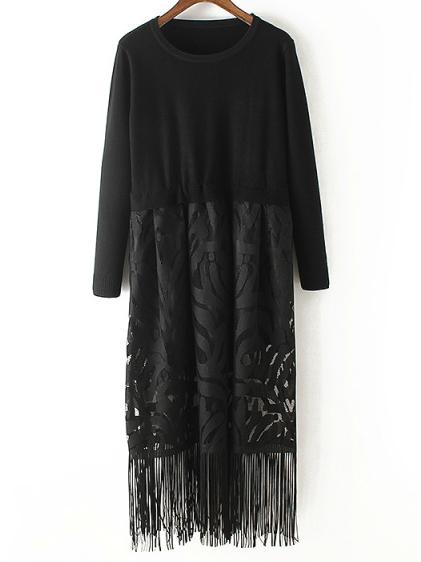 Shein Black Round Neck Lace Tassel Dress