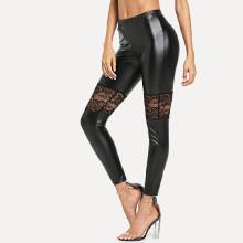 Shein Floral Lace Insert Pu Leather Leggings